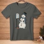 Snowman using a hand sanitizer dispenser with the word "SANITIZED" on it.