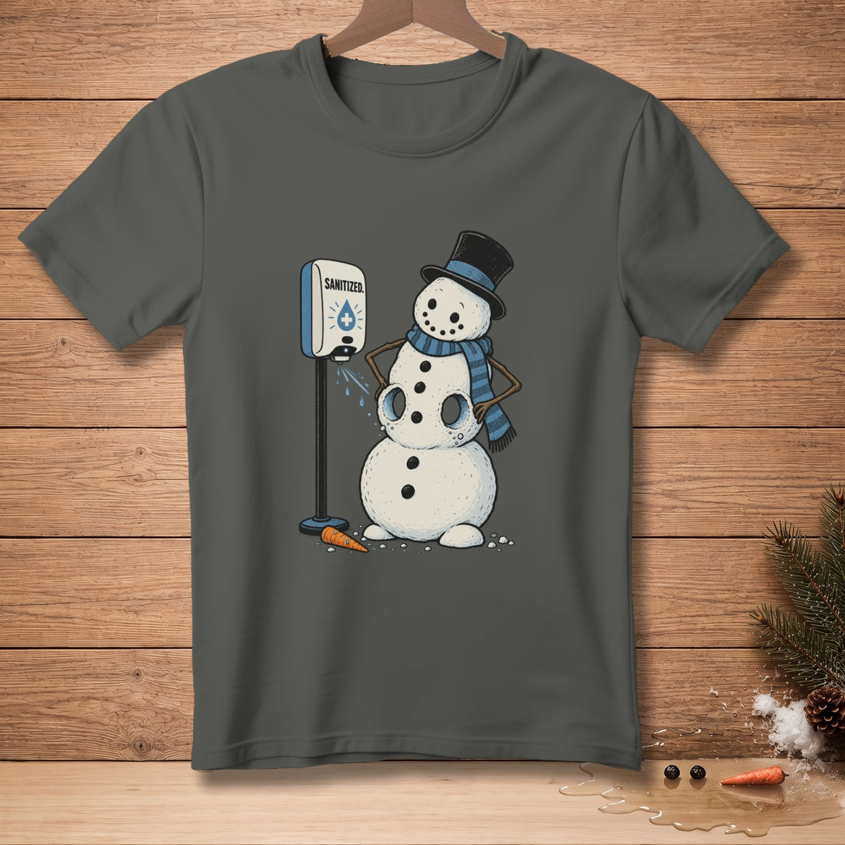 Snowman using a hand sanitizer dispenser with the word "SANITIZED" on it.