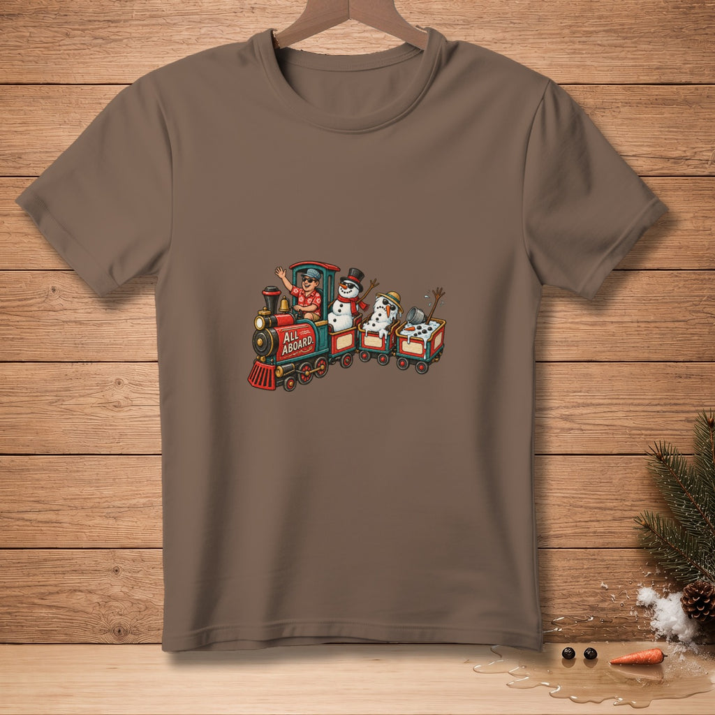 T-shirt graphic with a train featuring a person and snowmen. Text reads "ALL ABOARD."