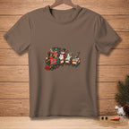 T-shirt graphic with a train featuring a person and snowmen. Text reads "ALL ABOARD."