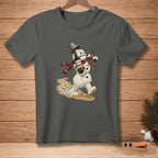 Melting snowman with bottle, wine glasses, and bucket on dark grey t-shirt.