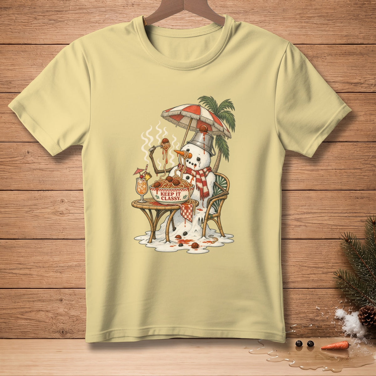 Melting snowman eating spaghetti under umbrella, text "KEEP IT CLASSY."