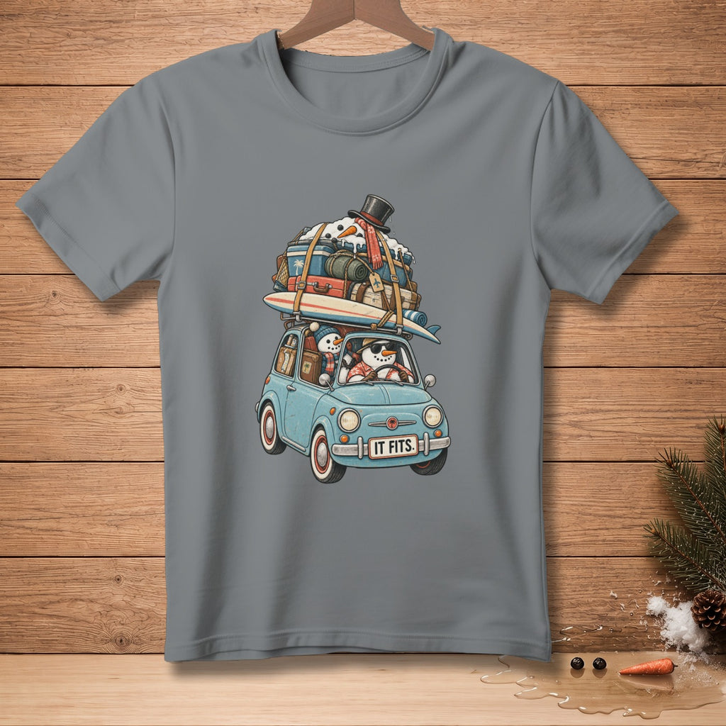 Blue car with snowmen, loaded with luggage and a surfboard, reads "IT FITS."