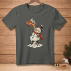 Melting snowman in a top hat and scarf eating pizza, "Hot & Ready" text.