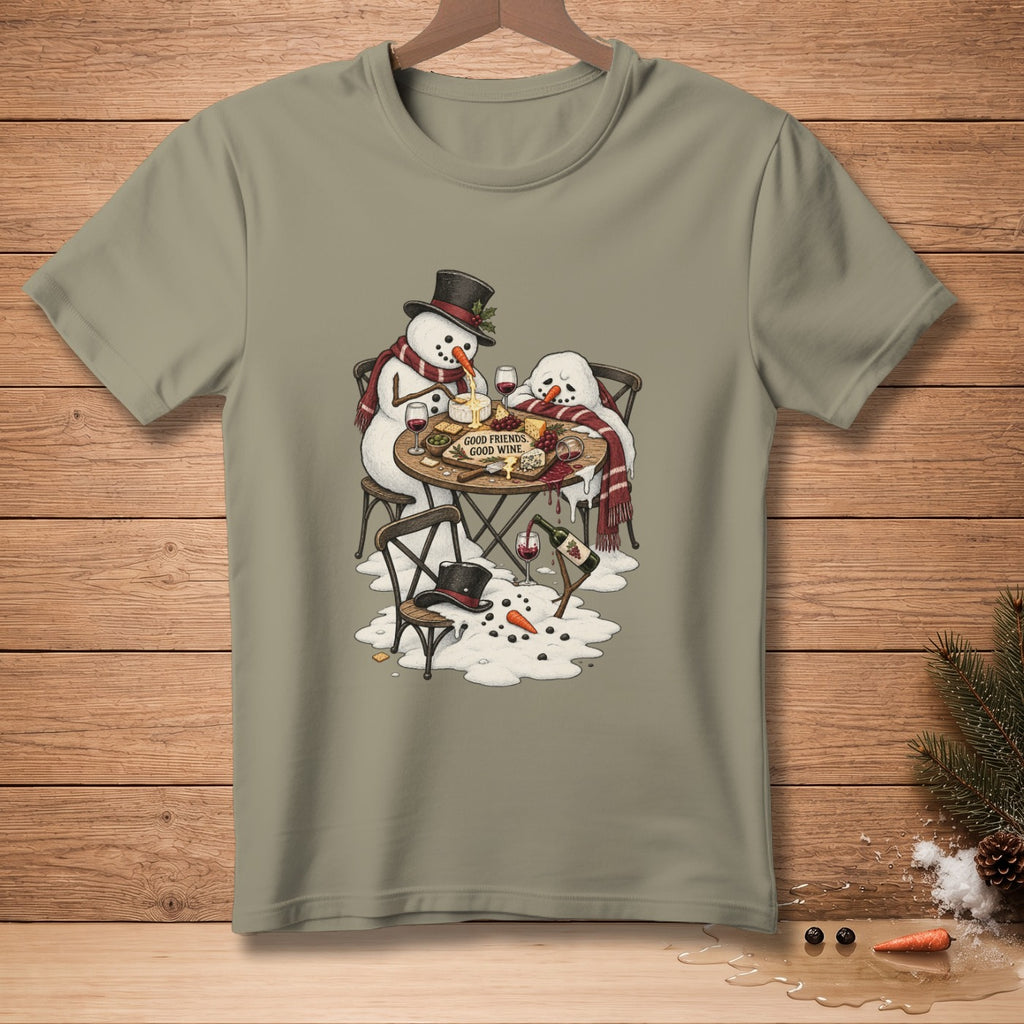 Two snowmen enjoy wine and cheese, with text reading "GOOD FRIENDS, GOOD WINE."