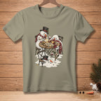 Two snowmen enjoy wine and cheese, with text reading "GOOD FRIENDS, GOOD WINE."