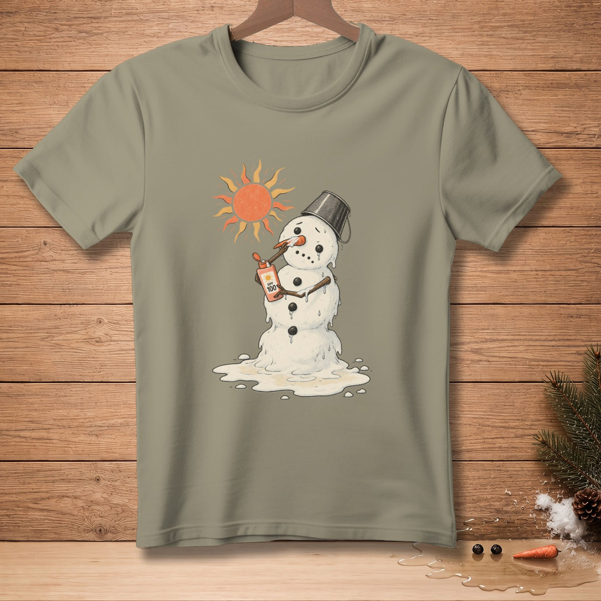Melting snowman holding SPF 100 sunscreen bottle under a hot sun.