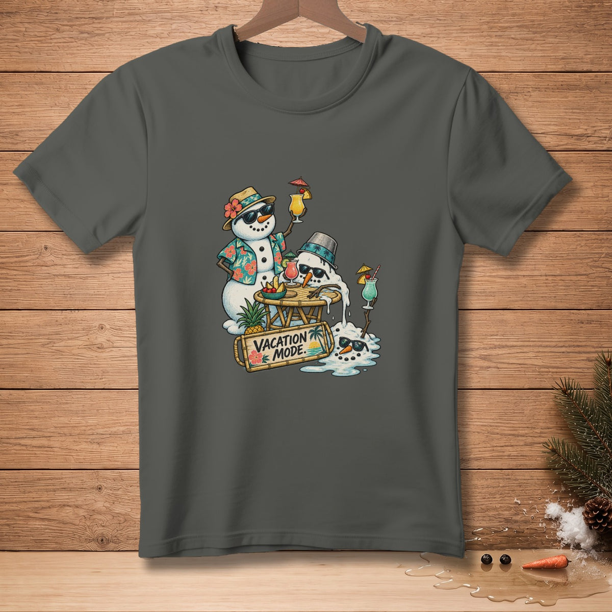 Melting snowmen in Hawaiian shirts and sunglasses enjoy tropical drinks with "Vacation Mode" sign.