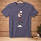 Snowman with red scarf on pogo stick, "BOING" text, on purple t-shirt.