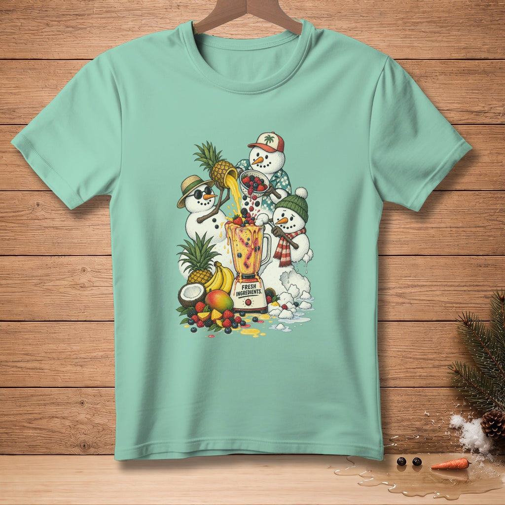 Three snowmen make a fruit smoothie with pineapple, berries, and mango.