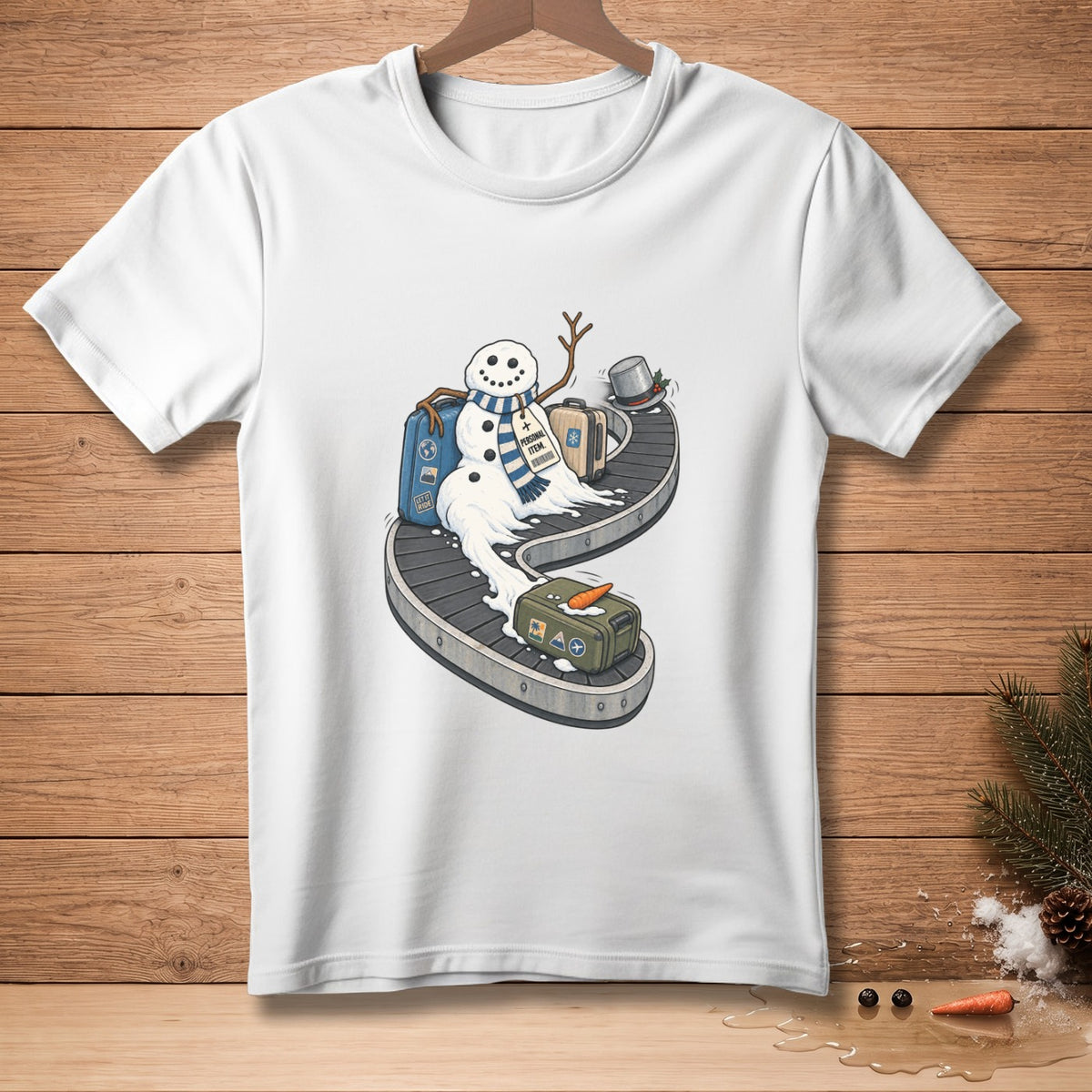 Melting snowman with luggage on a conveyor belt, reads "PERSONAL ITEM."