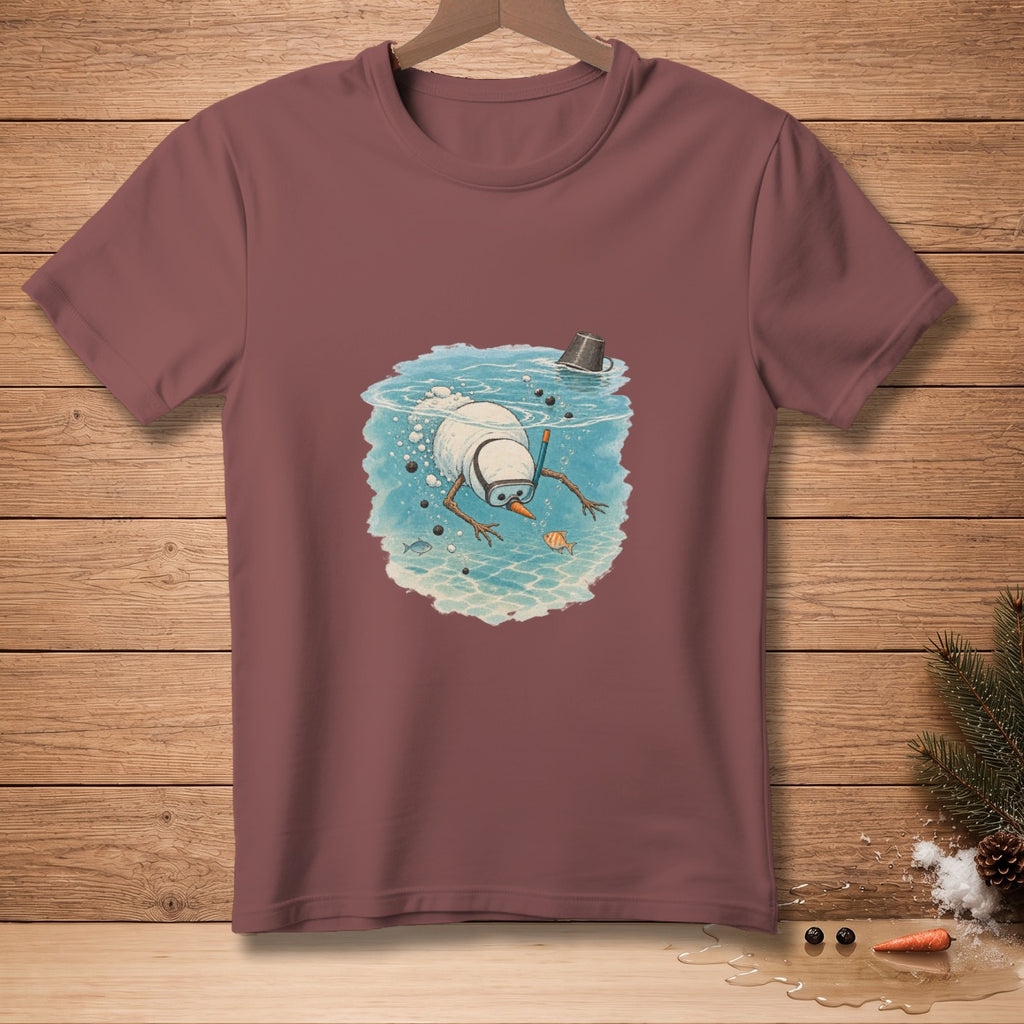 Snowman snorkeling underwater with fish and a bucket on maroon t-shirt.