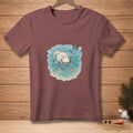 Snowman snorkeling underwater with fish and a bucket on maroon t-shirt.