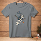 Grey t-shirt with a segmented snowman graphic with scarf, bucket hat, and text "SO FAR SO GOOD".