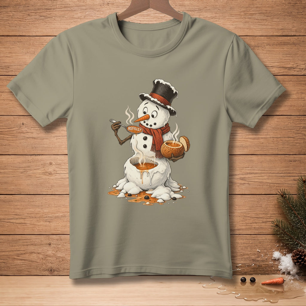 Melting snowman in a top hat with a scarf, holding soup with a spoon that says REFILLS?