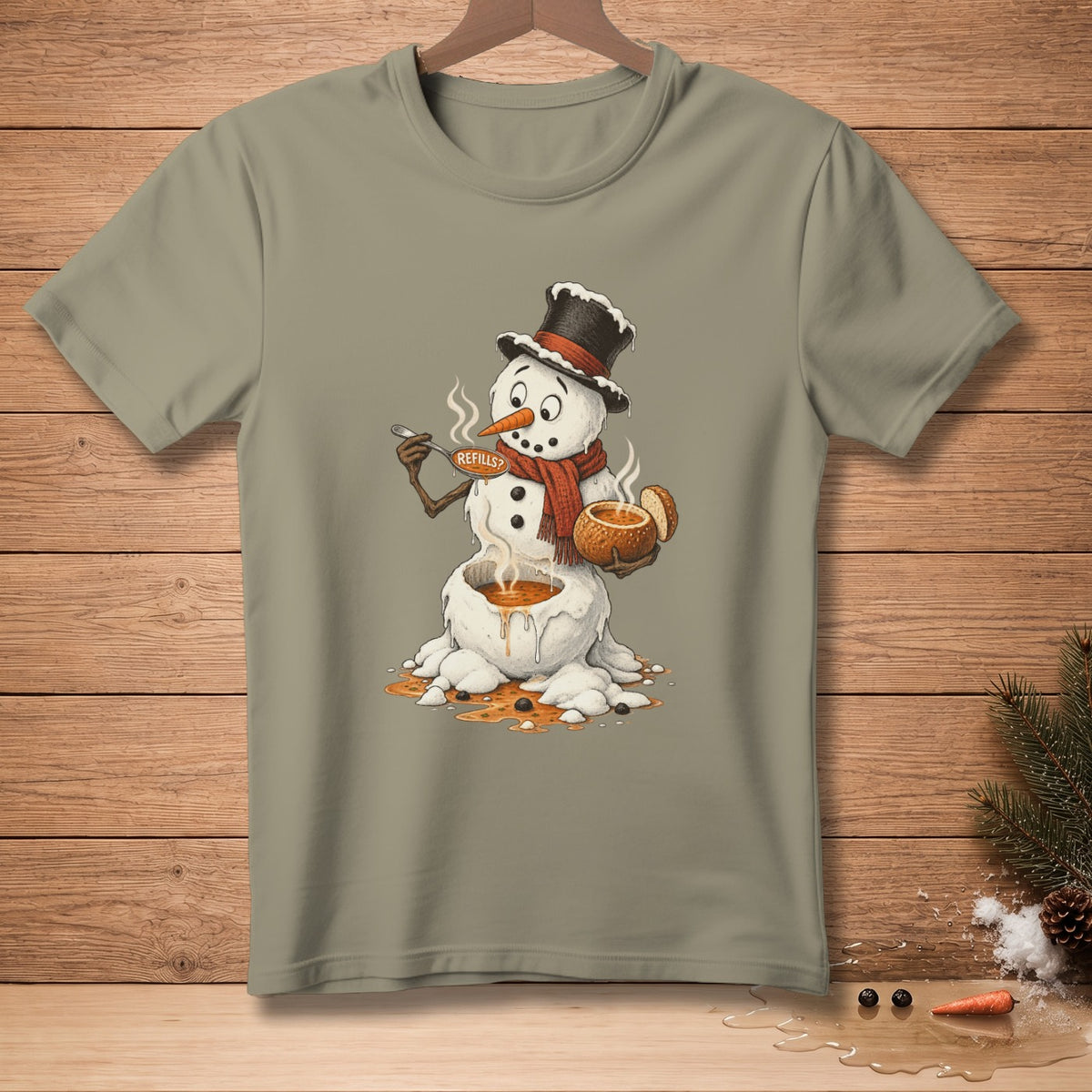 Melting snowman in a top hat with a scarf, holding soup with a spoon that says REFILLS?