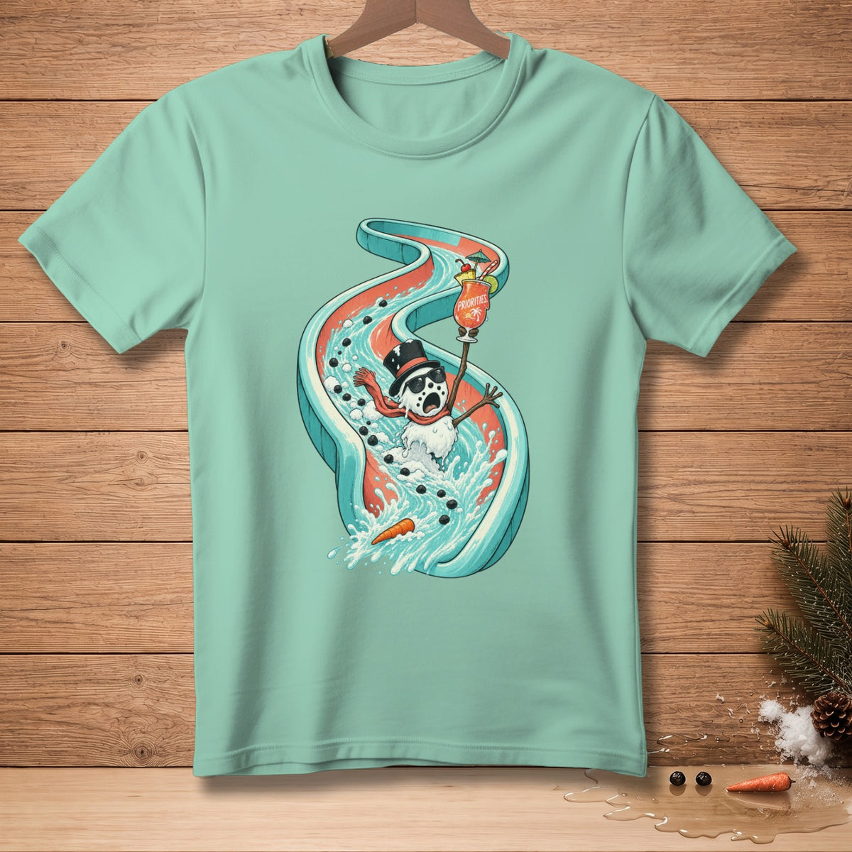 Snowman sliding down a water slide holding a drink with the word "Priorities."