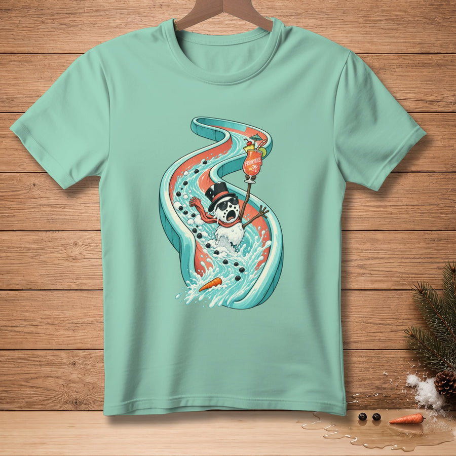Snowman sliding down a water slide holding a drink with the word "Priorities."