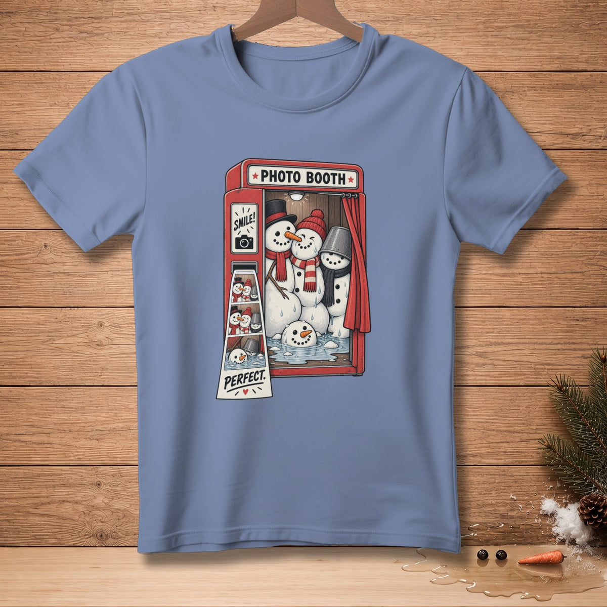 Snowmen posing in a photo booth with a "Photo Booth" sign and "Perfect" text.