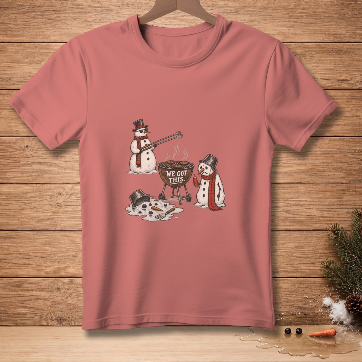 Snowmen grilling burgers with text "WE GOT THIS."