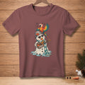T-shirt graphic of a melting snowman playing ukulele with a parrot singing.