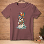 T-shirt graphic of a melting snowman playing ukulele with a parrot singing.