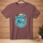 Three snowmen in snorkeling gear swim in blue water with small fish.