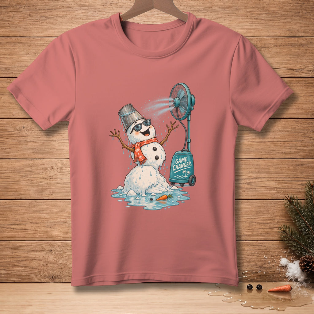 Melting snowman with a bucket, fan, and text "GAME CHANGER".