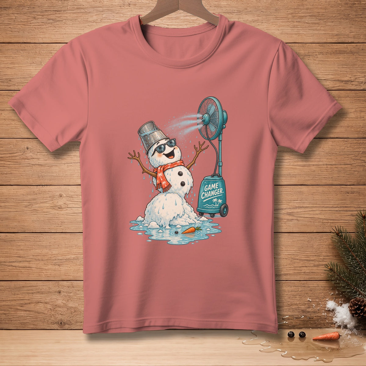 Melting snowman with a bucket, fan, and text "GAME CHANGER".