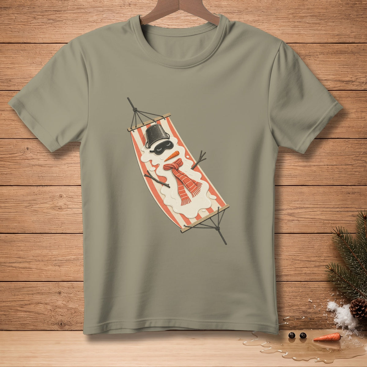 T-shirt graphic of a melting snowman relaxing in a hammock.