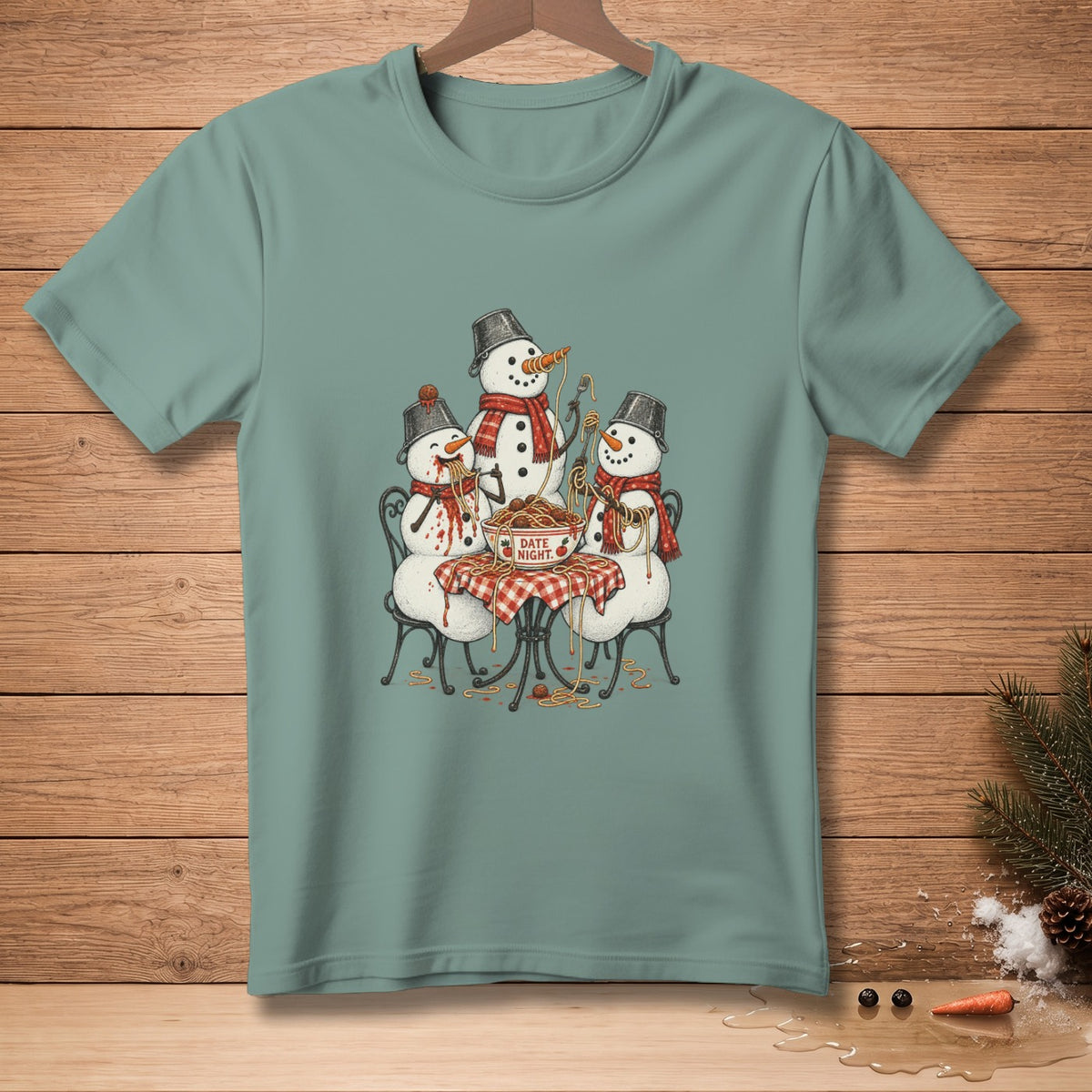 Three snowmen enjoy spaghetti at a table with a "Date Night" bowl.