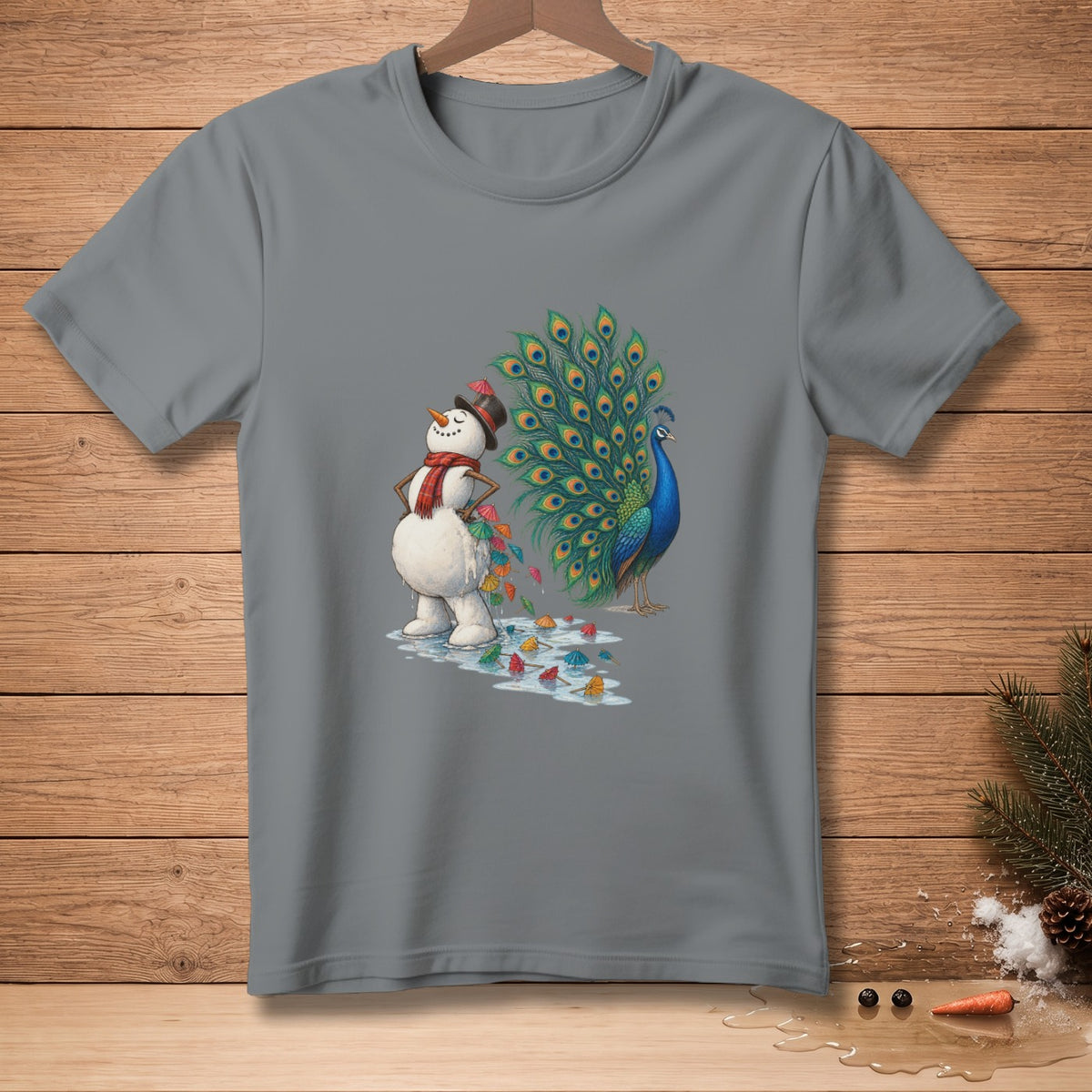 Snowman with peacock feathers and colorful umbrellas melting into puddles.