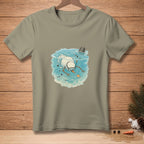 Snowman wearing goggles and snorkel swimming underwater with fish and bucket.