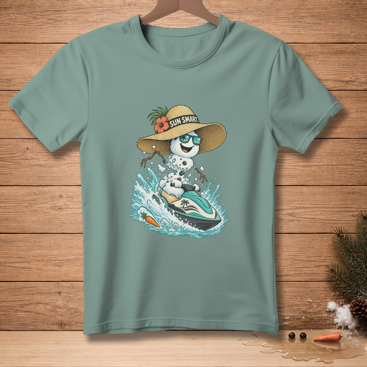 Snowman in straw hat riding jet ski with "Sun Smart" text.