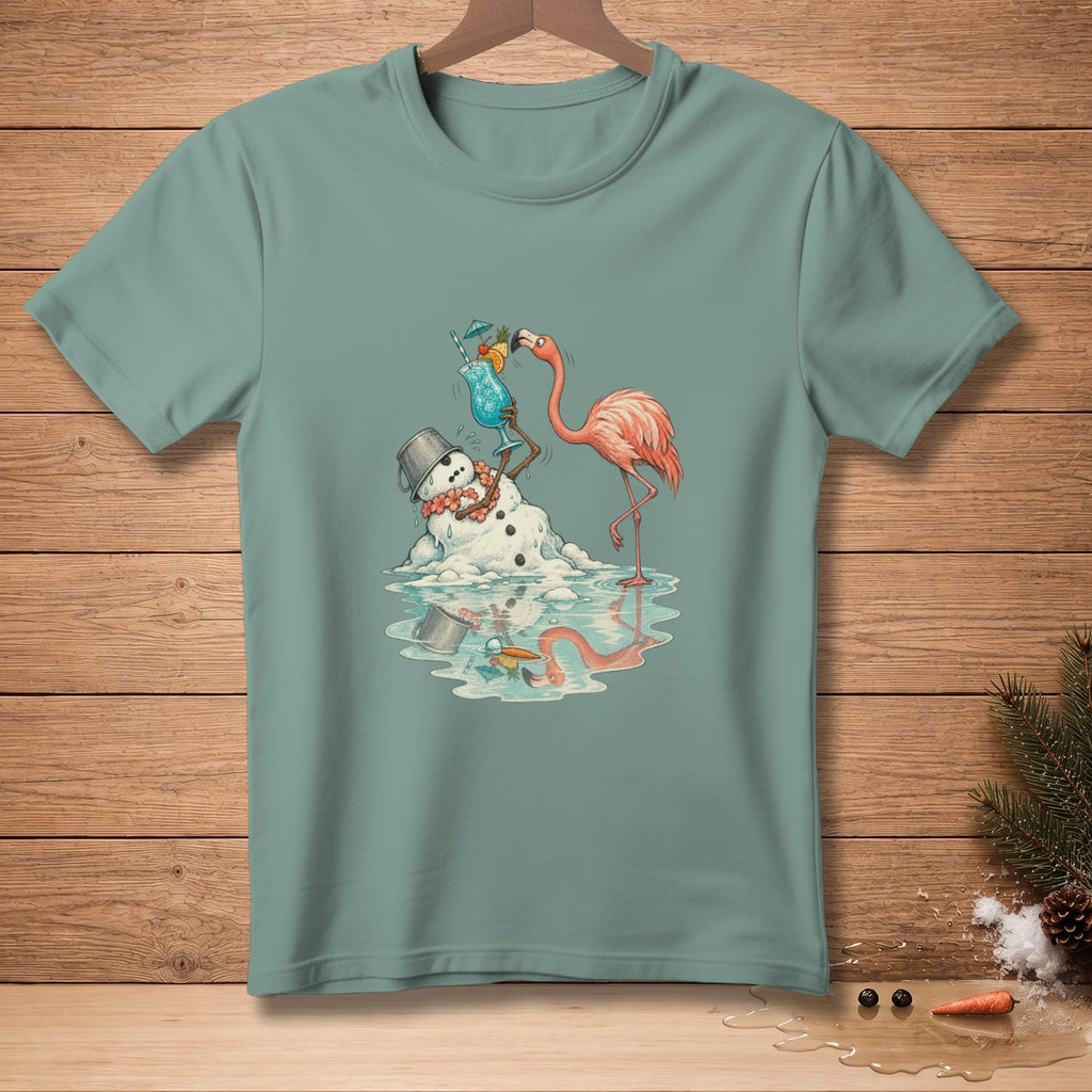 Flamingo holding drink with melting snowman and ice puddle on teal t-shirt.