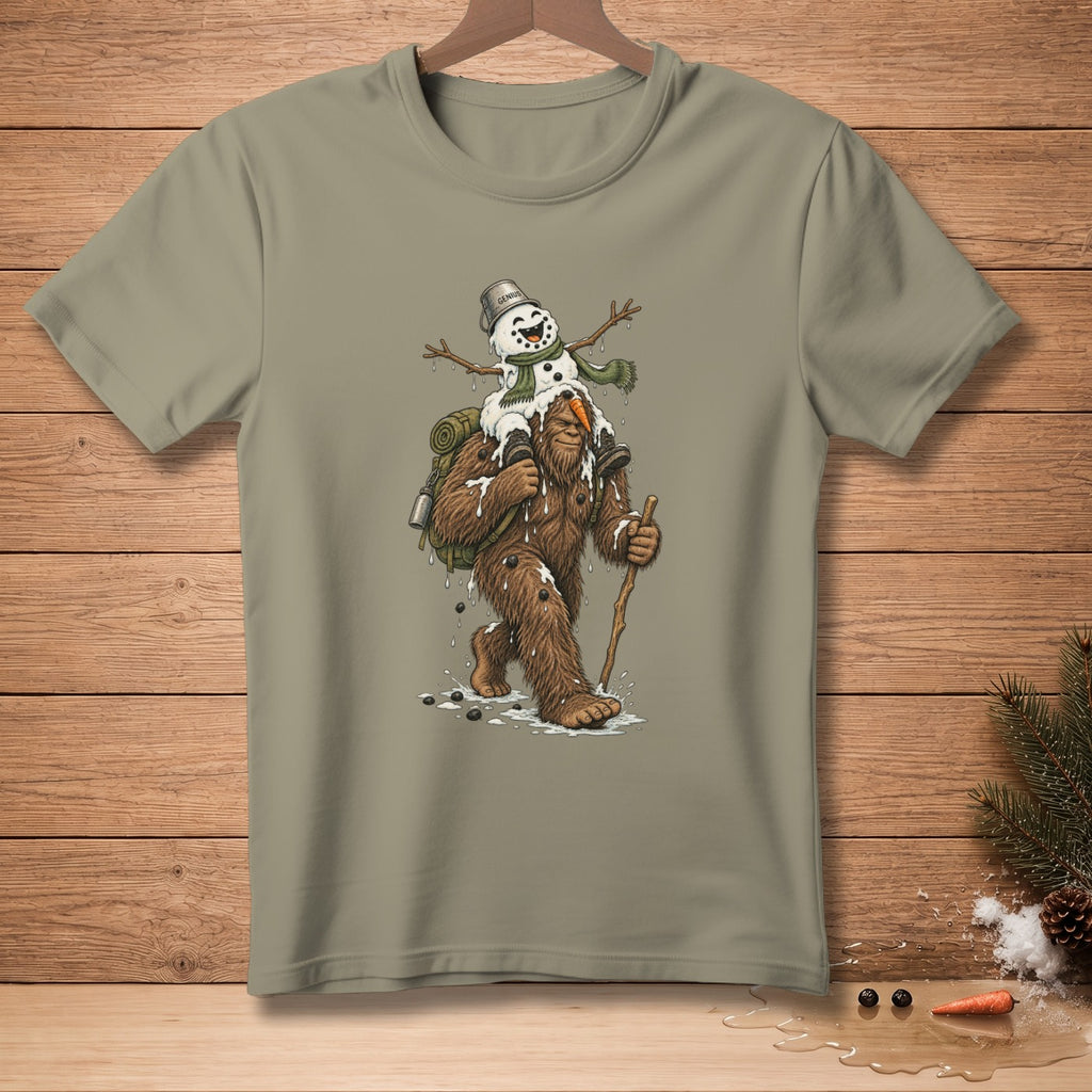 Bigfoot carries a melting snowman with a bucket on its head and a scarf.