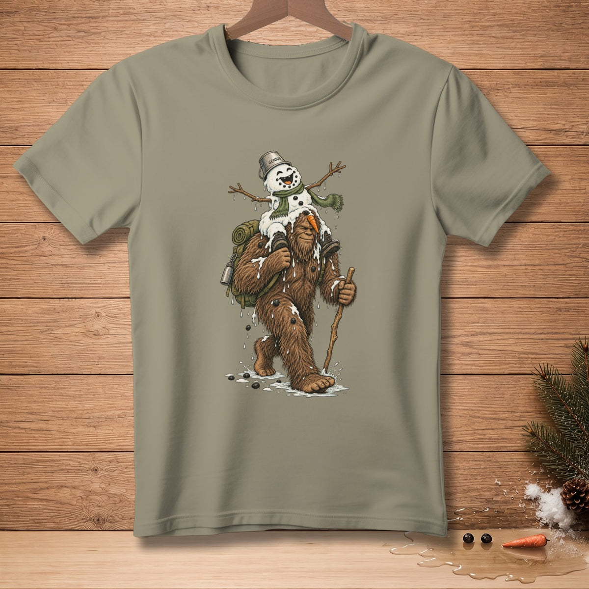 Bigfoot carries a melting snowman with a bucket on its head and a scarf.