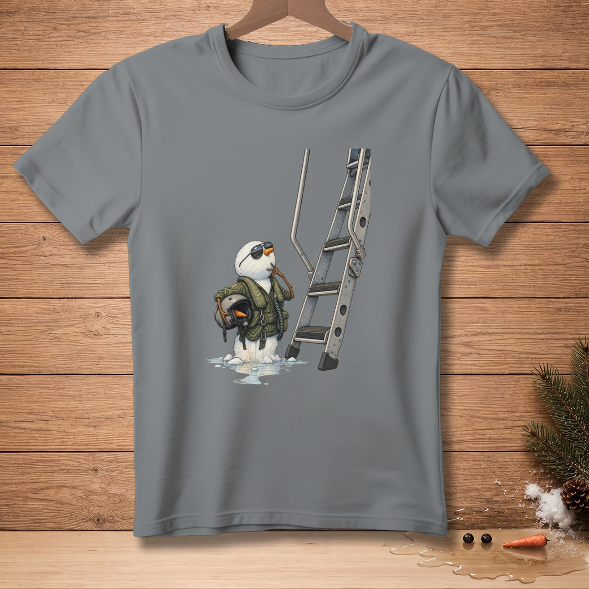 Snowman in aviator gear stands next to a ladder, holding a helmet.