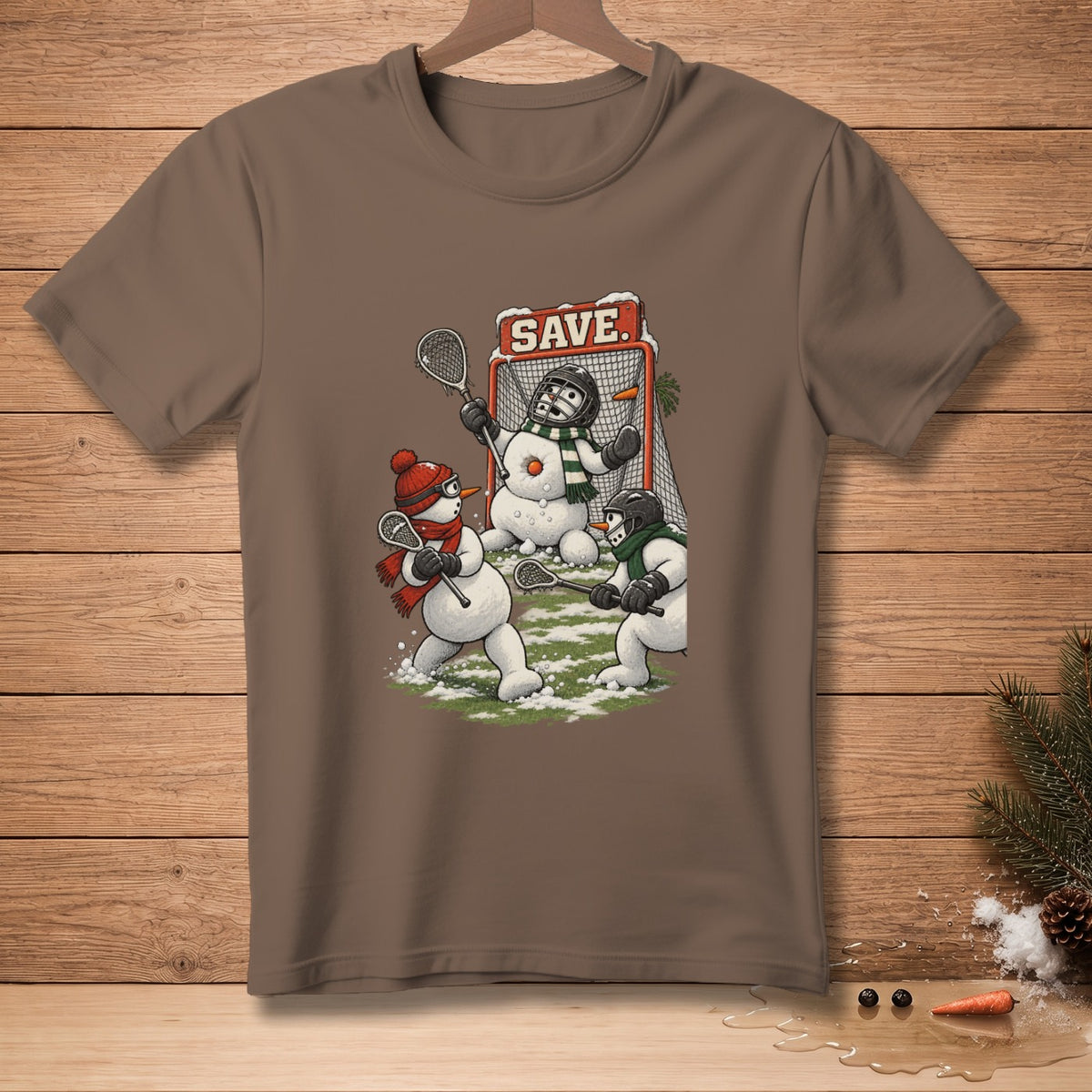 Three snowmen playing lacrosse in front of a net with "SAVE." displayed.