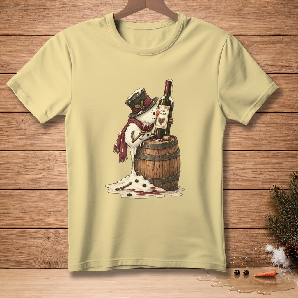 Melting snowman in a top hat and scarf drinks wine from a barrel.
