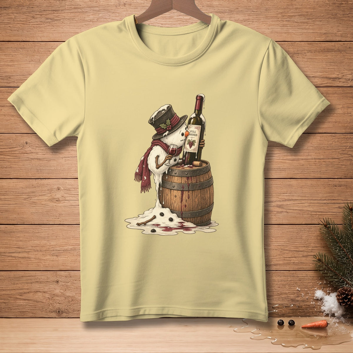Melting snowman in a top hat and scarf drinks wine from a barrel.