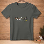 Gorilla eating banana and being pulled by melting snowmen with carrots and hats.