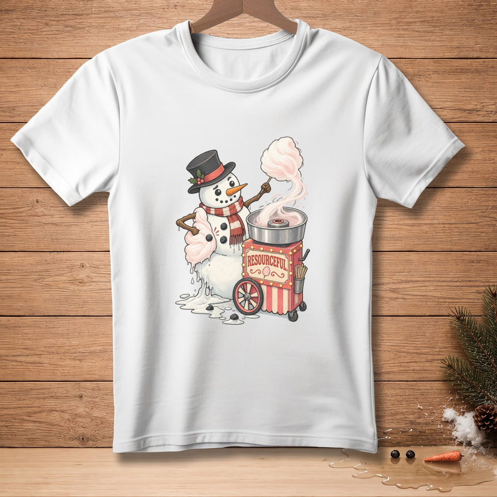 Snowman making pink cotton candy from a cart that says "Resourceful".