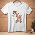 Snowman making pink cotton candy from a cart that says "Resourceful".