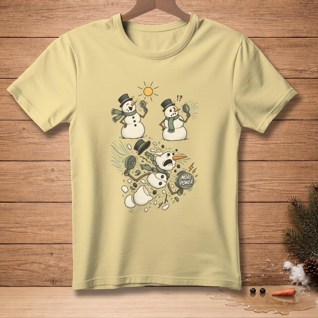 Yellow t-shirt with cartoon of snowmen melting, one holding a fan and one exploding.