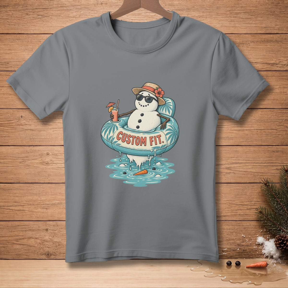 Snowman in float with sunglasses and drink, "CUSTOM FIT" text on inner tube.