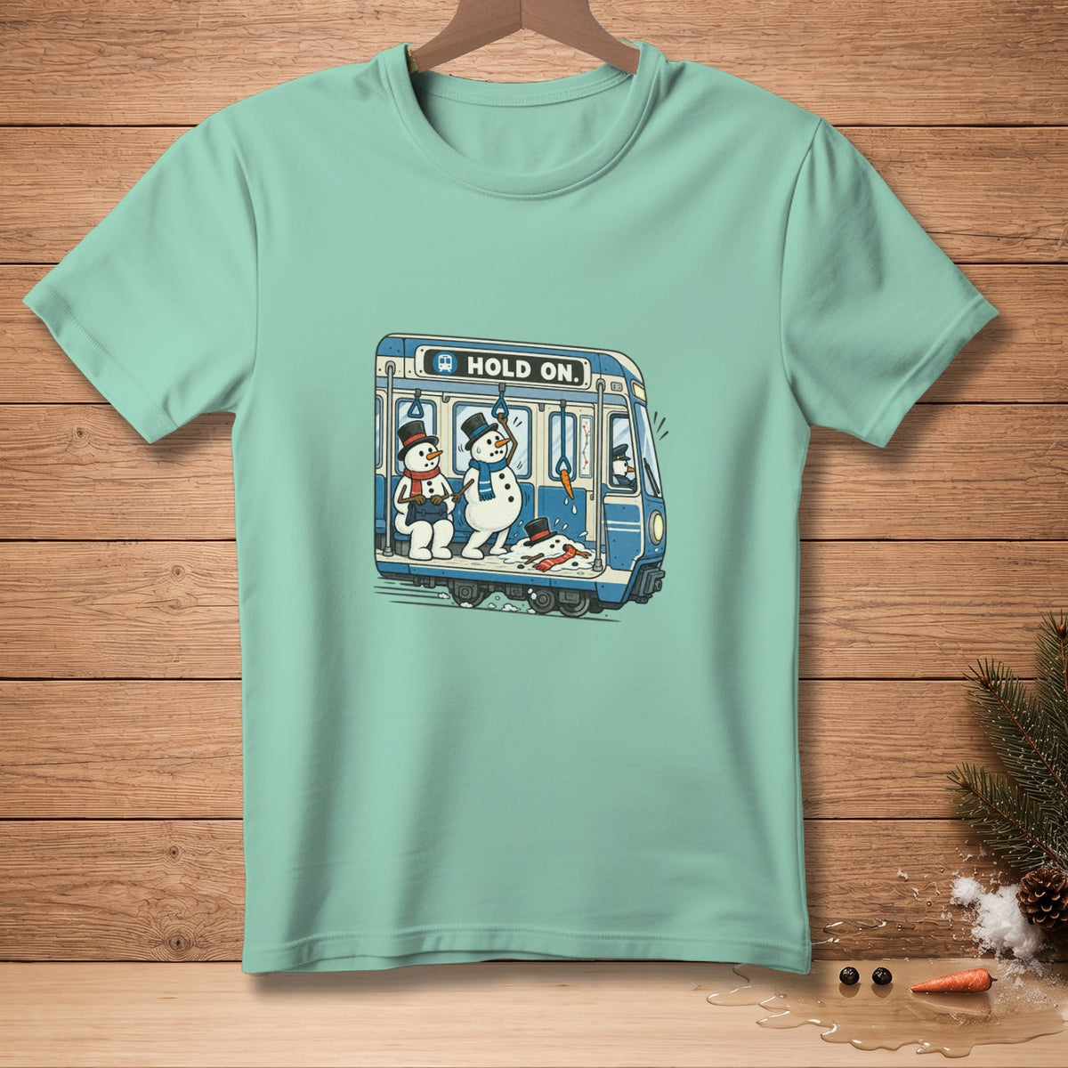 Two snowmen ride a subway car with text "HOLD ON."