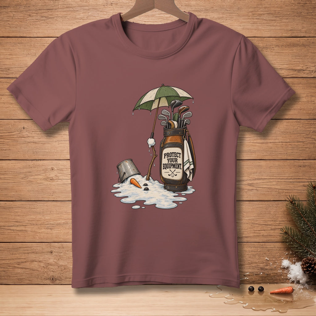 Illustration of melting snowman and golf bag with text "PROTECT YOUR EQUIPMENT".