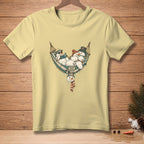 Light yellow t-shirt with snowmen relaxing in a hammock with "PERSONAL SPACE" text.