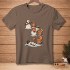 Illustration of snowmen melting around hot pots, one partially melted.